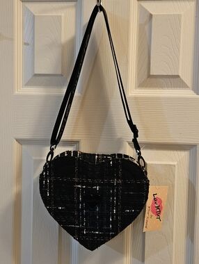 Betsey Johnson Heart-Shaped Black Plaid Crossbody Bag - NWT